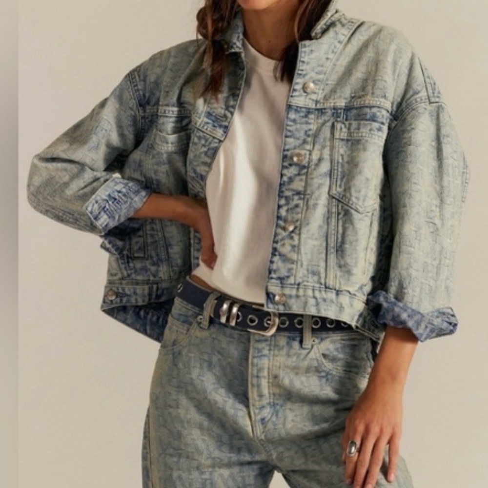 Free People NWT We the Free Jacquard Letters denim Jacket Loose Baggy Fit Medium - Picture 2 of 15